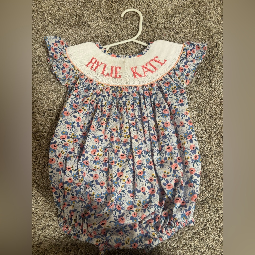 Smocked Bubble Romper with name Rylie Kate.